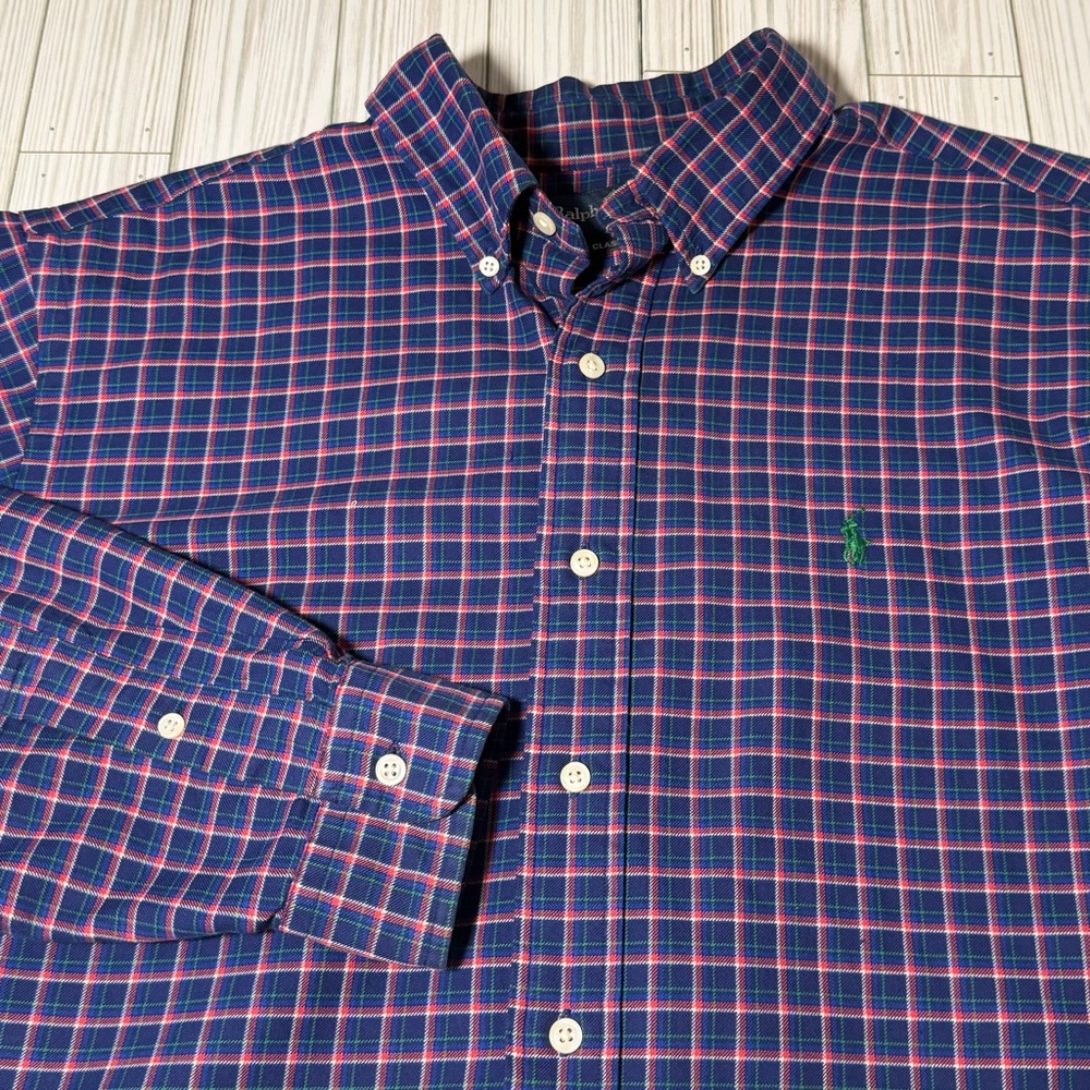 Ralph Lauren Classic Fit Button Down Shirt Men’s Large Blue Red Plaid Cotton